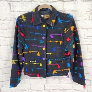 Vintage Maximalist Blazer Womens Small Jacket Western Wacky Funky Artsy Tassels